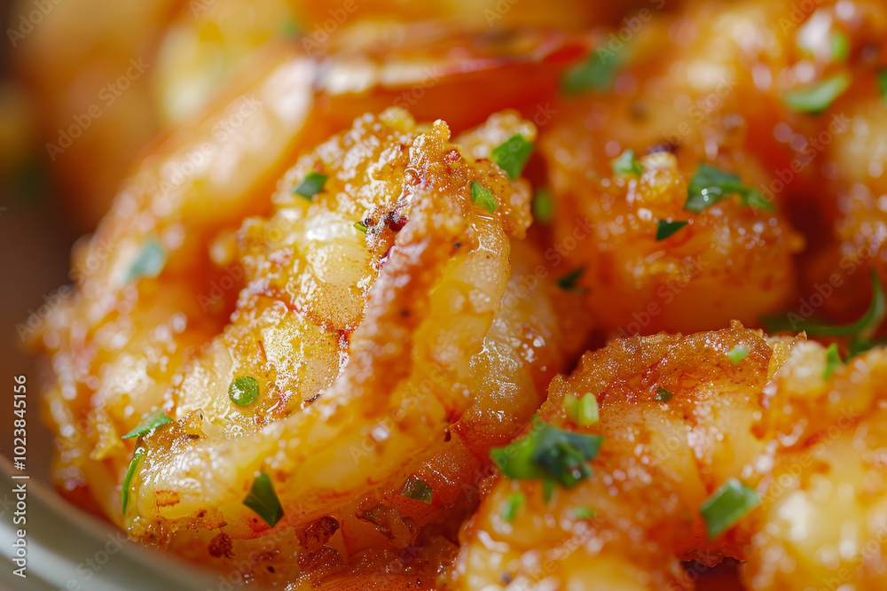 A plate of shrimp is covered in spices and herbs A plate of shrimp is covered in spices and herbs