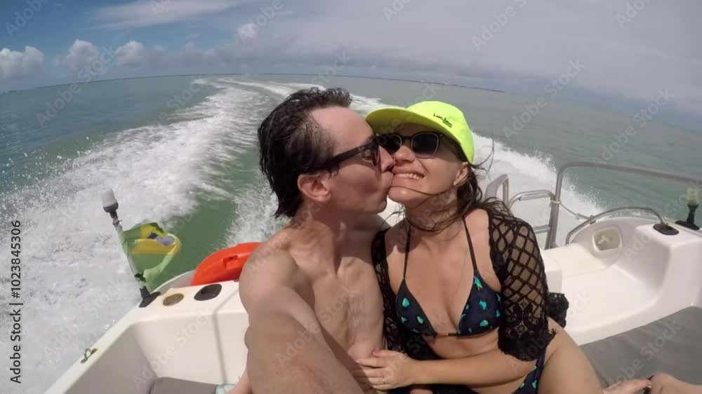 Casal de férias em passeio de lancha no mar Casal de férias em passeio de lancha no mar