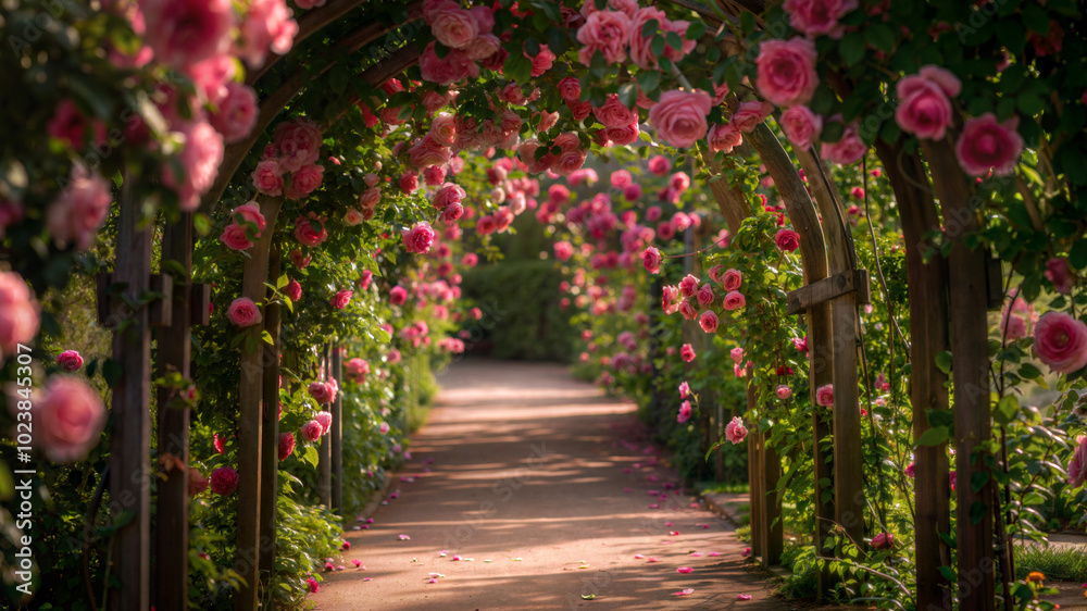 Enchanting rose garden archway a blooming pathway in full blossom Enchanting rose garden archway a blooming pathway in full blossom