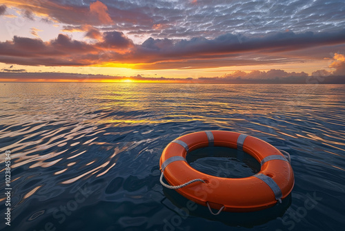 A life preserver is floating in the ocean