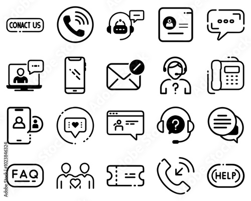 Contact and support icons in black and white line style