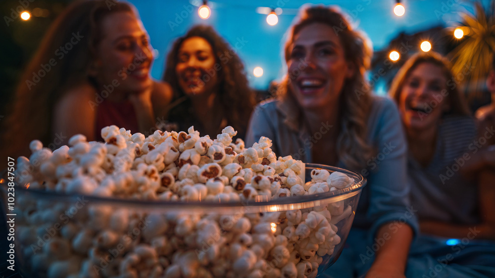 Friends enjoy outdoor movie night with popcorn under string lights Friends enjoy outdoor movie night with popcorn under string lights