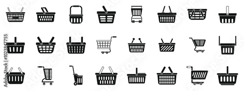 Consumer cart grocery icons set. This set of shopping basket icons shows the different ways customers can carry their purchases while shopping