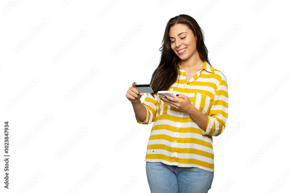 Latino woman making an online purchase with smartphone and credit card Latino woman making an online purchase with smartphone and credit card