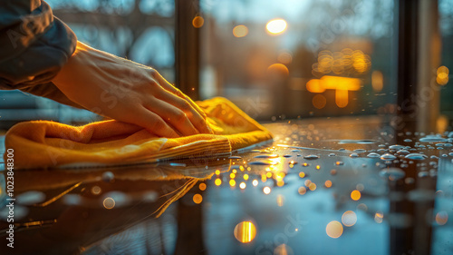 Hand cleaning table with cloth at golden hour in modern interior photo