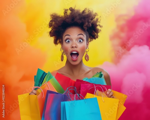 African American woman holding colorful shopping bags, surprised by a sale announcement in a vibrant setting