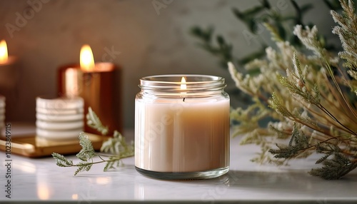 Close-up of a modern scented candle in a frosted glass jar on a table surrounded by decorative elements. Generative AI