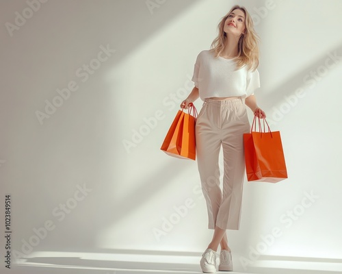 Beautiful woman holding shopping bags, standing against a neutral background, ideal for minimalist retail ads