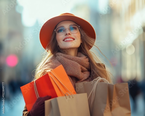 Beautiful woman with shopping bags in the city, ideal for promoting sales or special deals with text space