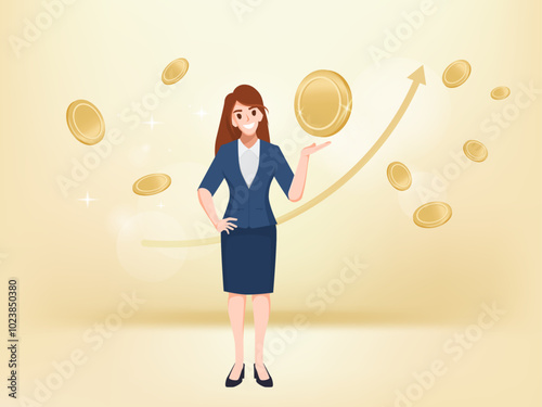 Businesswoman in uniform suit character Financial growth concept. Business, finance analysis. Growing income, increasing revenue, earnings, investment. illustration vector premium.