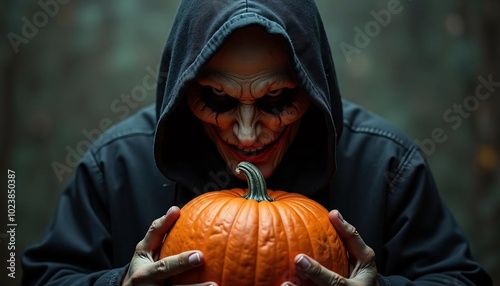 Halloween themed background, villain with a scary head holding a pumpkin