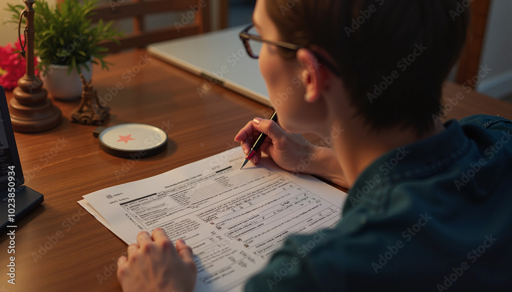 Naklejka premium Person filling out forms at a wooden table in a cozy indoor setting during the evening