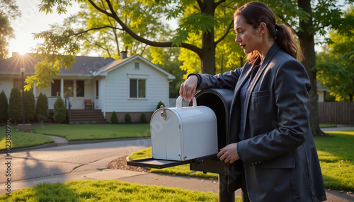 Woman in a suit checking a mailbox in a suburban neighborhood during sunset