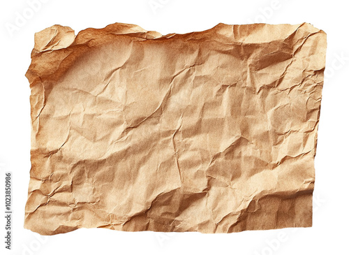 Crumpled brown craft paper sheet, isolated on transparent cutout background