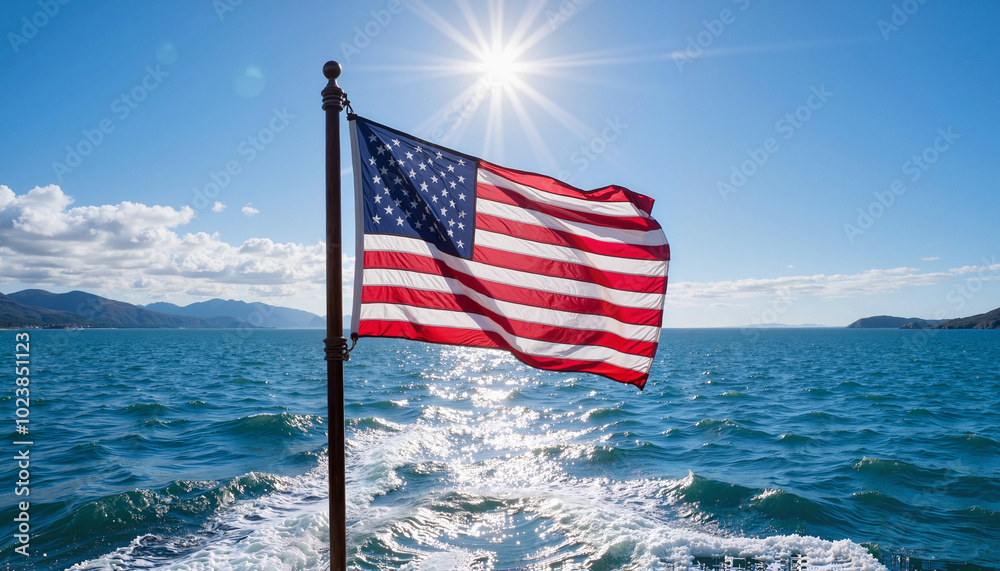 custom made wallpaper toronto digitalAmerican flag flying on boat with sun shining over ocean waves and mountains in background