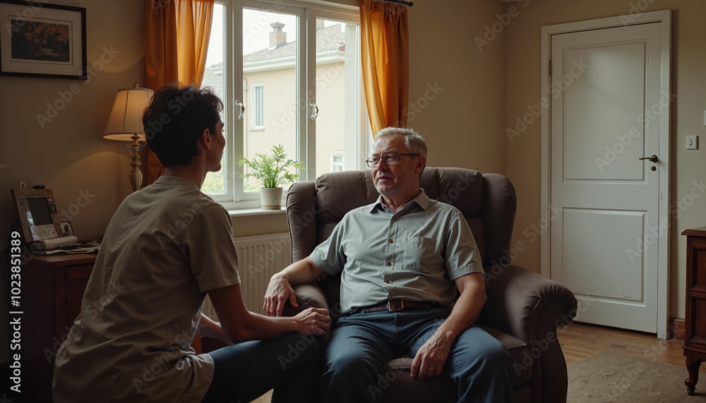 Caregiver talking to a senior man in an armchair in a warm and inviting living room Caregiver talking to a senior man in an armchair in a warm and inviting living room