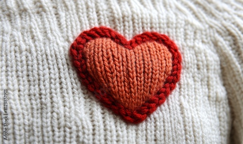 A knitted heart is placed on a white sweater