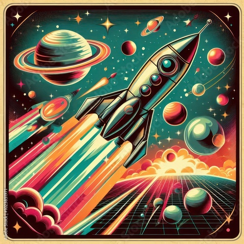 Retro Futuristic Space Travel: A vintage-style poster illustration depicting retro futuristic space travel, featuring a classic rocket ship, planets, and a starry background with neon colors.