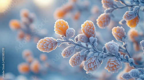 Frost-Covered Winter Branches with Delicate Frozen Buds at Sunrise photo