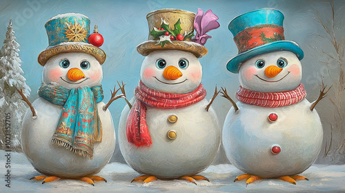 Three snowmen in colorful top hat.