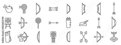 Archery shoot weapon icons set. Collection of archery and bow hunting line icons featuring different types of bows, arrows, targets, and other related equipment