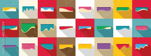 Separator header icons set. Colorful set of glaze icons in flat style, representing various types of icing dripping or spread on cakes and cookies