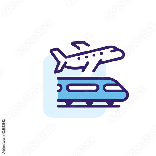 Airplane and train color icon with blue accents. Simple vector linear illustration. Flat pictogram with rounded corners.