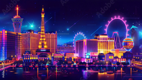 Vibrant neon las vegas skyline at night
