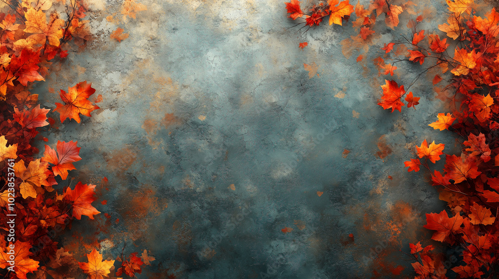 Autumn Leaves on Misty Blue Background for a Cool & Warm Seasonal Contrast Autumn Leaves on Misty Blue Background for a Cool & Warm Seasonal Contrast