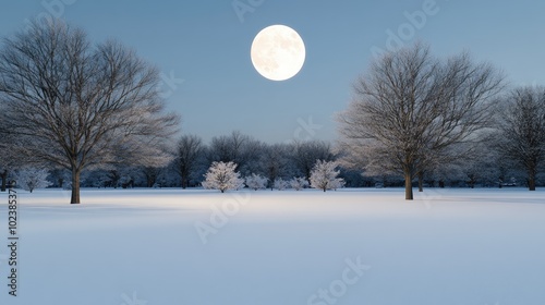 The full moon casts a gentle glow over the snow-covered trees and ground, transforming the winter landscape into a breathtaking, tranquil wonderland under a starry sky