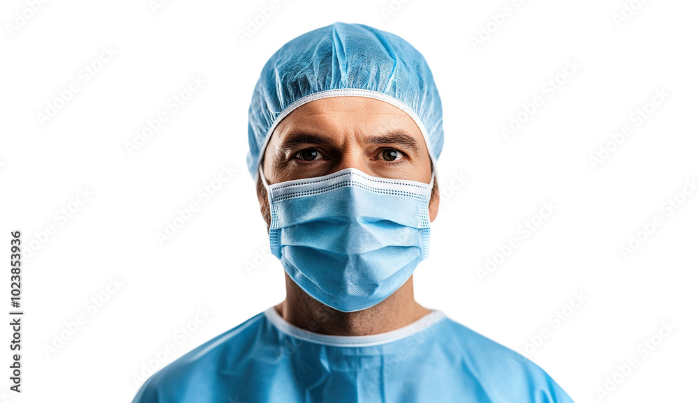 Confident male surgeon in medical mask and scrubs, isolated on transparent cutout background Confident male surgeon in medical mask and scrubs, isolated on transparent cutout background
