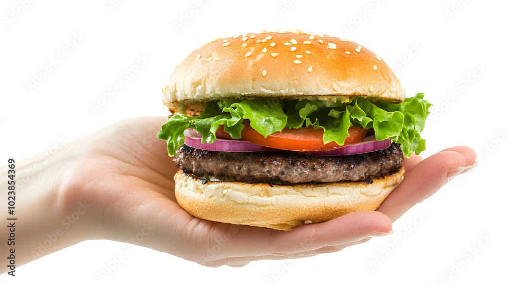 Hand Presenting Cheeseburger with Lettuce, Tomato, and Onion
Hand Presenting Cheeseburger with Lettuce, Tomato, and Onion