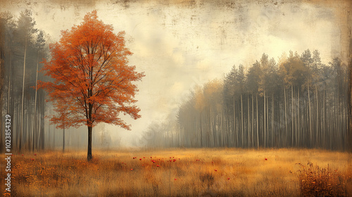 Lone Autumn Tree in a Misty Field with Forest Backdrop for Tranquil Fall Scene photo