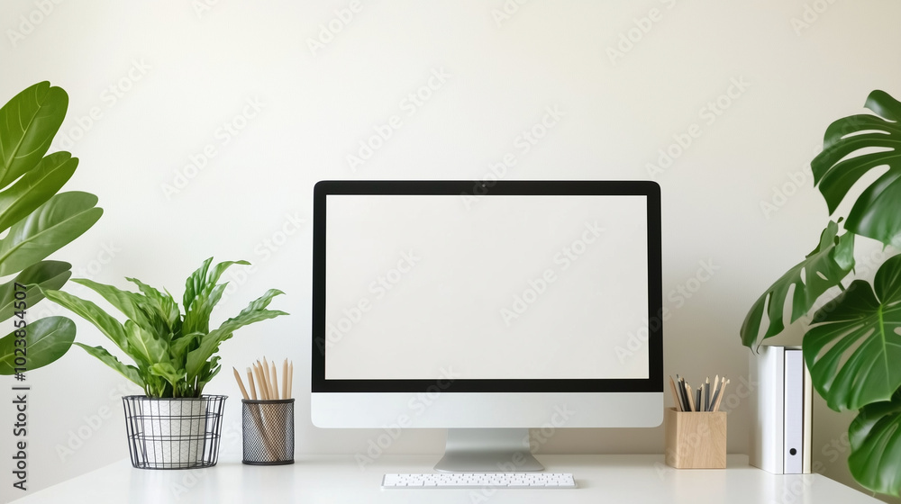 A clean and minimalist desktop setup featuring a white desk against a neutral wall with a sleek computer screen in the center. The scene includes small, neatly arranged office deco A clean and minimalist desktop setup featuring a white desk against a neutral wall with a sleek computer screen in the center. The scene includes small, neatly arranged office deco