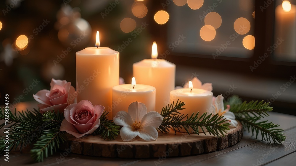 Burning scented candles, festive New Year's atmosphere in the spa. Warm aesthetic composition with candles, flowers and fir branches. Burning scented candles, festive New Year's atmosphere in the spa. Warm aesthetic composition with candles, flowers and fir branches.