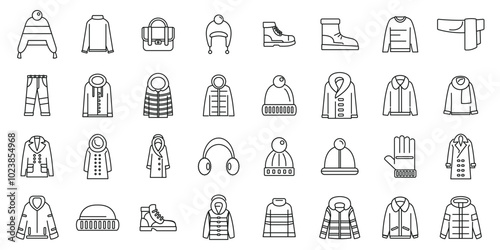 Wardrobe winter icons set. This collection of winter clothes icons features a variety of warm clothing and accessories, perfect for illustrating cold weather fashion