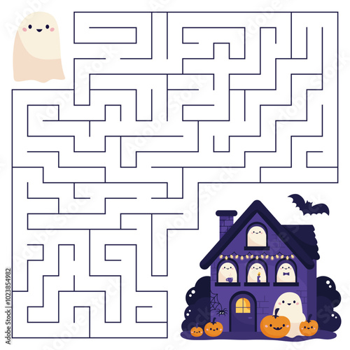 Halloween maze game for kids. Help the ghost find right way to haunted house. Cute kawaii characters. Activity sheet. Labyrinth puzzle. Vector illustration.