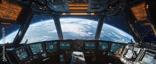 Spaceship Cockpit View of Earth with Cloud Cover