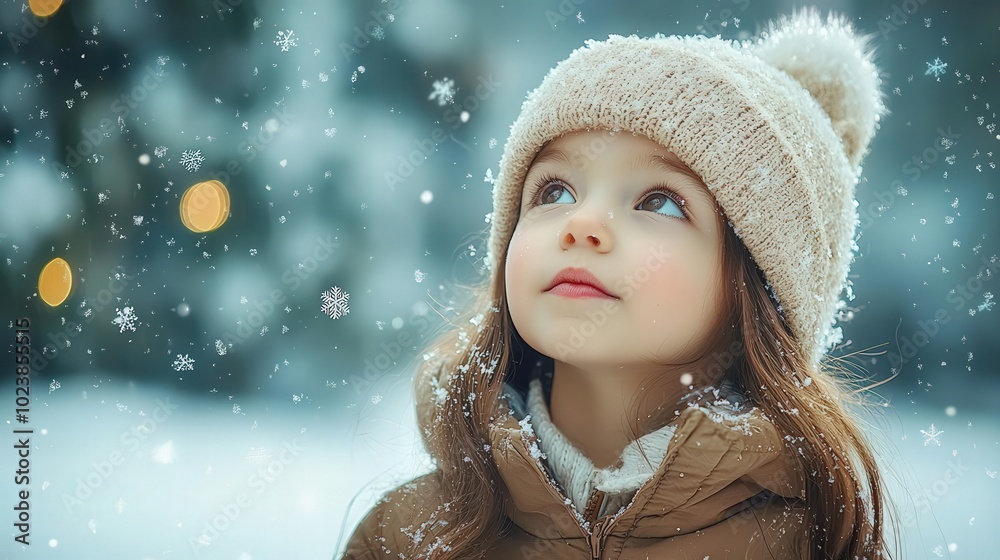 Detail Realistic Child's wonder at first snowfall Detail Realistic Child's wonder at first snowfall