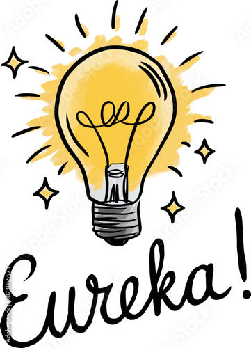 Hand-drawn light bulb illustration with 'Eureka!' text