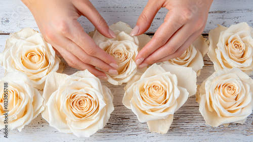 Fototapeta Naklejka Na Ścianę i Meble -  delicate dried white roses arranged with female hands gently touching petals