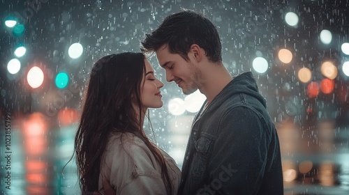 Romantic couple in the rain