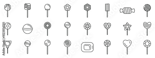 Lolipop icons set. Collection of various lollipops with round and geometric shapes on sticks in thin line style