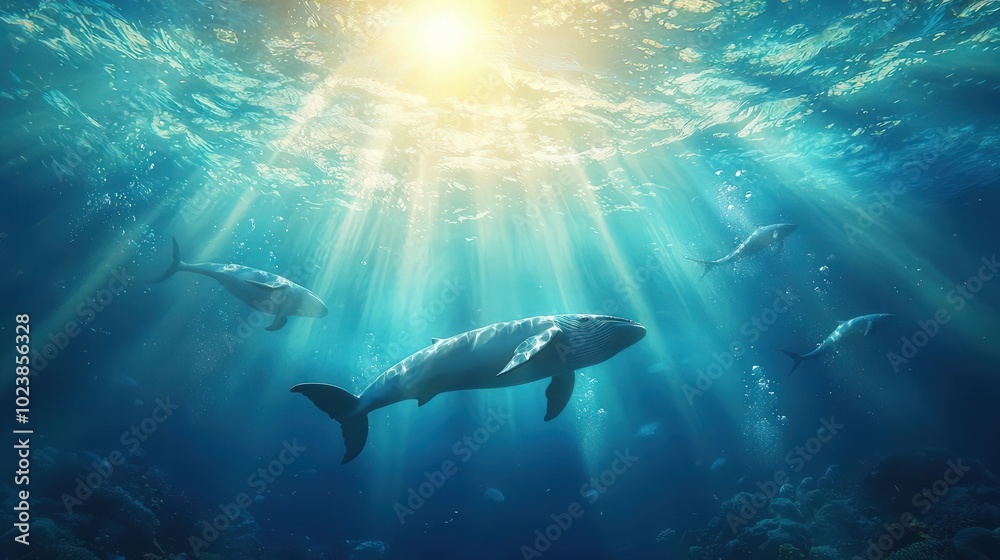 Humpback whales swimming in sunlit ocean Humpback whales swimming in sunlit ocean