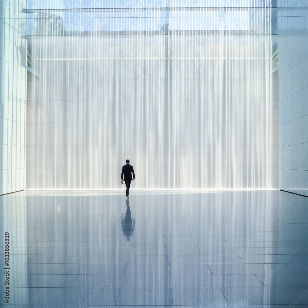 Fototapeta premium Executive Walking Past a Large Waterfall Inside a Corporate Lobby