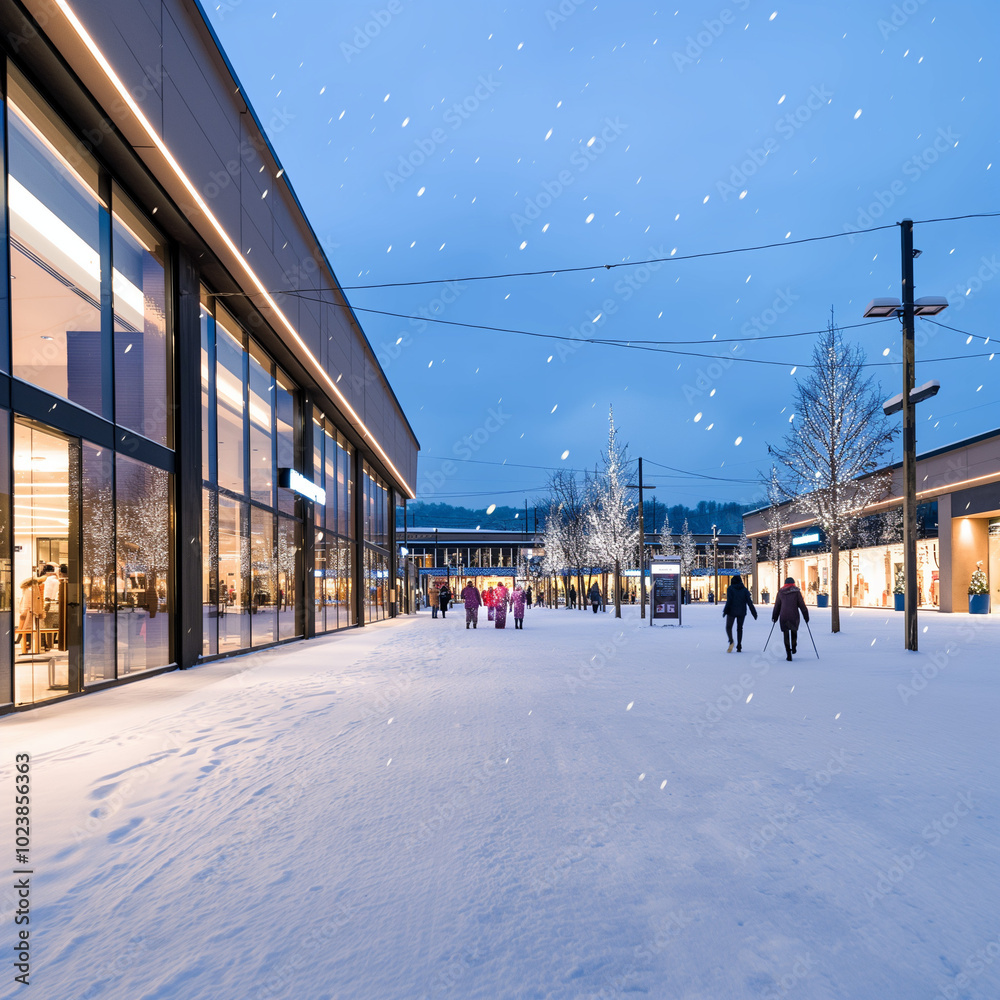 Naklejka premium Snow Falling Gently Outside a Busy Shopping Mall During the Holiday Season