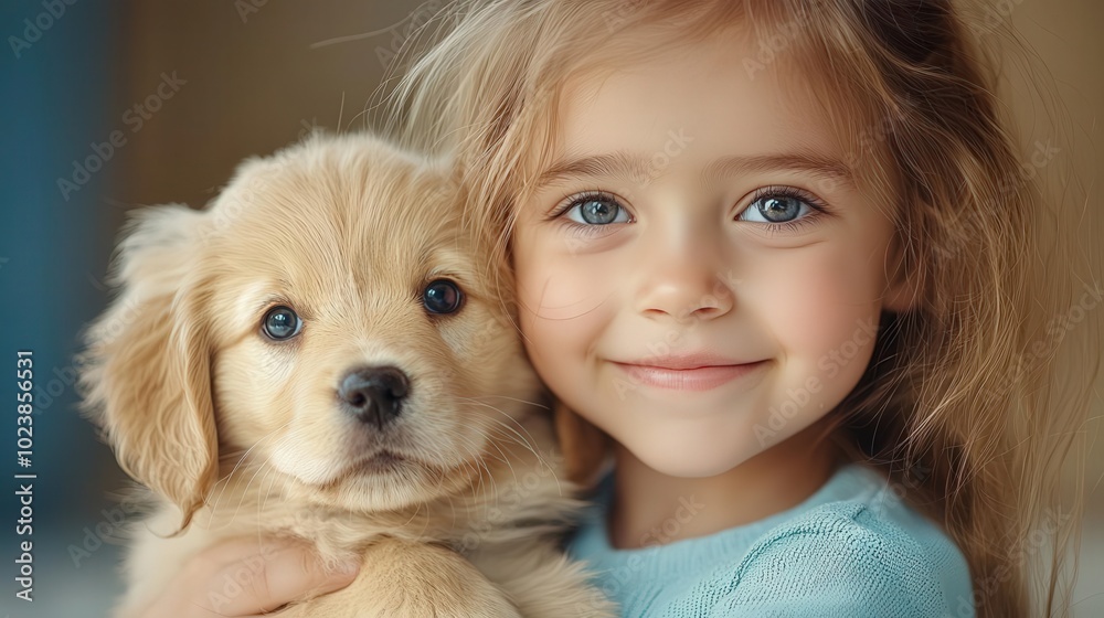 Little girl cuddling a golden retriever puppy