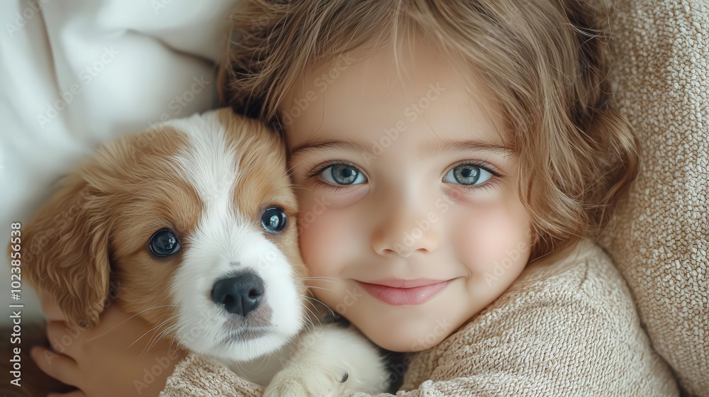 Little girl cuddling a golden retriever puppy Little girl cuddling a golden retriever puppy