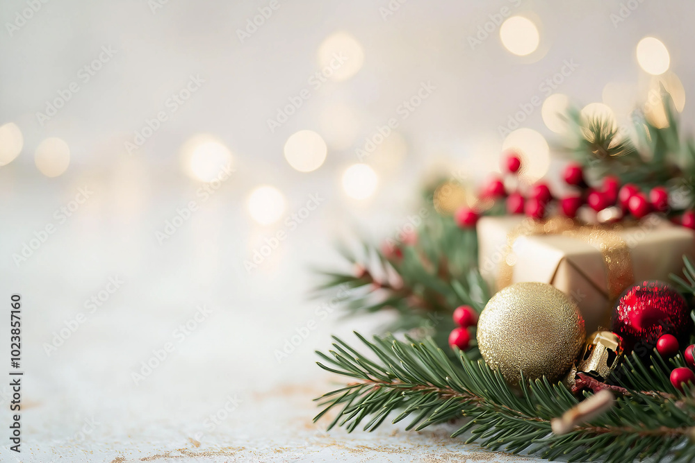 Festive Christmas composition with gift box, pine branches, and red ornaments on white background. Ideal for holiday decorations, seasonal greeting cards, or festive designs. Festive Christmas composition with gift box, pine branches, and red ornaments on white background. Ideal for holiday decorations, seasonal greeting cards, or festive designs.