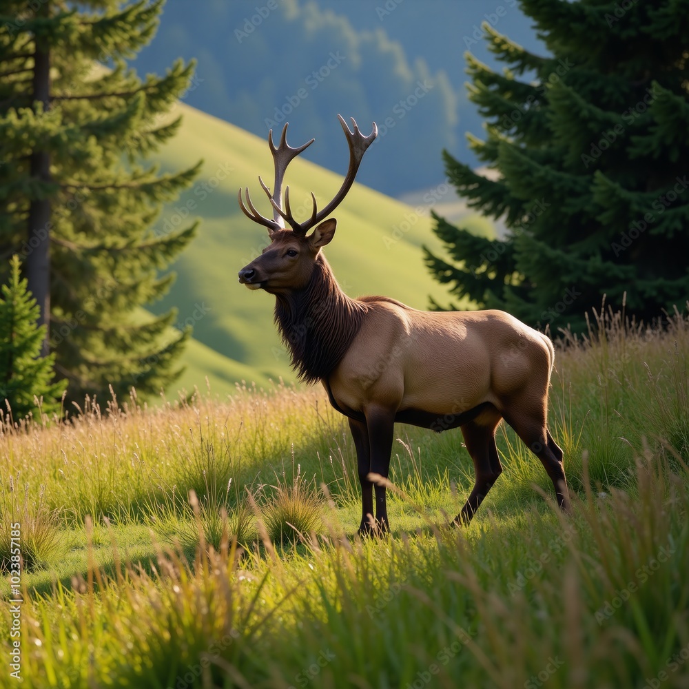 An Elk poses grandly amidst verdant greenery and tall woodland An Elk poses grandly amidst verdant greenery and tall woodland